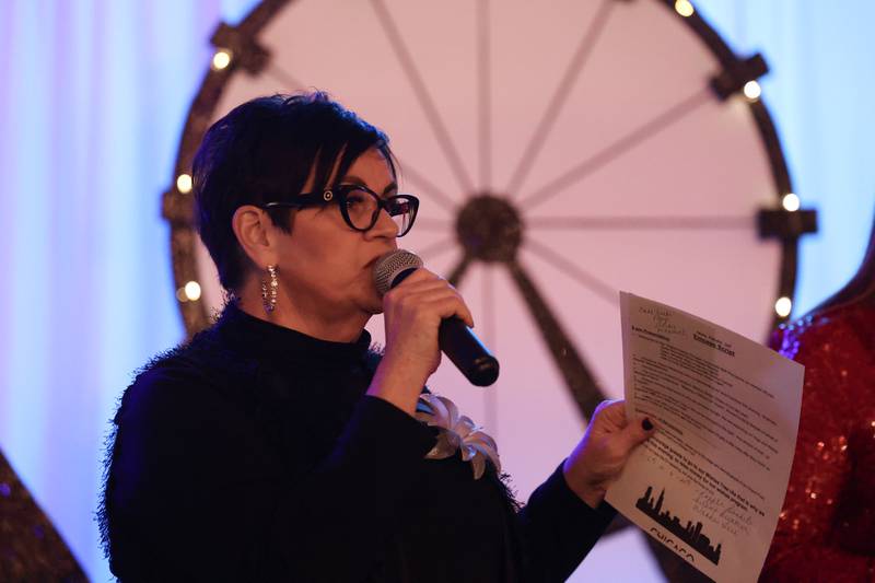 State Rep. Natalie Manley, D-Joliet speaks at the Shorewood HUGS "Sweet Home Chicago" chocolate ball fundraiser in Joliet on Saturday, February 4, 2023.