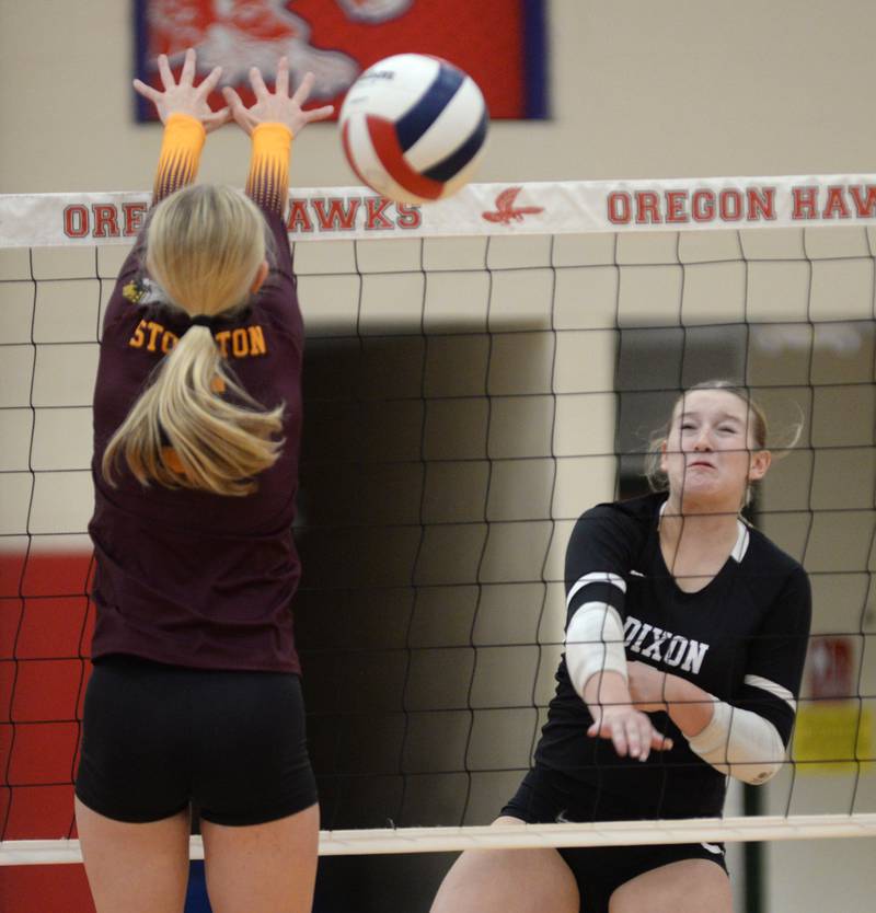 Dixon's Rayven Mowery (6) spikes against Stockton during the championship match at the Oregon Varsity Girls Volleyball Tournament on Saturday, Sept. 6, 2025 at the Blackhawk Center in Oregon. Dixon fell in two matches.