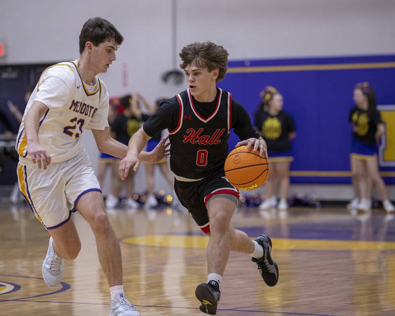 Greyson Bickett of Hall High School runs the ball down court while Mendota's Dane Doyle applies defensive pressure during the game on January 24, 2025 at Mendota High School.