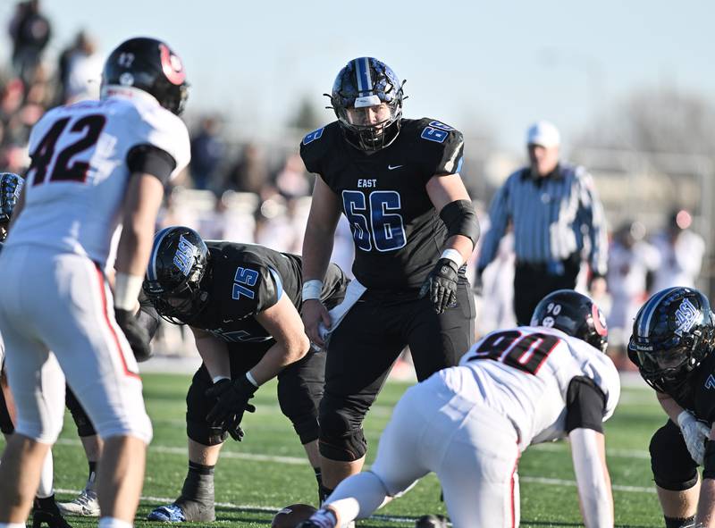 Lincoln-Way East's Joshua Janowski (66) looks over the defense during the IHSA class 8A semifinals playoff game against Barrington on Saturday, Nov. 18, 2023, at Frankfort. (Dean Reid for Shaw Local News Network)