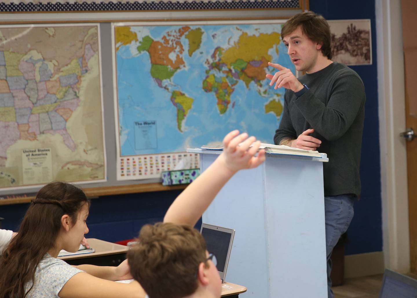 Dominic Giabozzi teaches seventh-graders at Trinity Catholic Academy on Tuesday, March 12, 2025 at Trinity Catholic Academy.