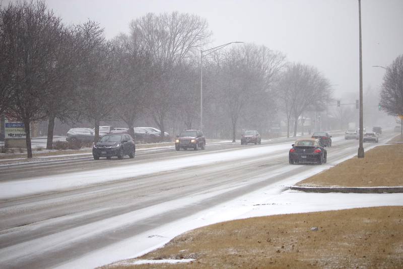 Vehicles on Wednesday, Feb. 12, 2025, traveling on Essington Road in Joliet.