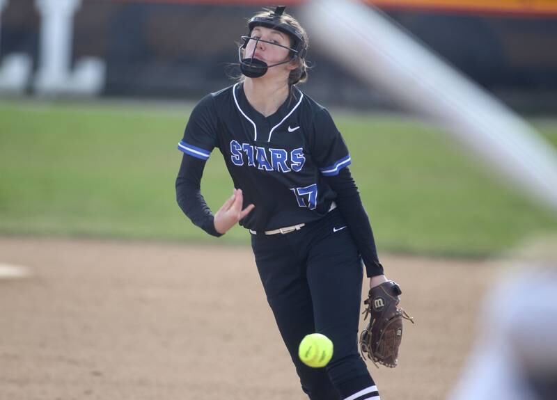 St. Charles North’s Ava Goettel pitches during a game at Wheaton Warrenville South on Thursday, April 14, 2022.