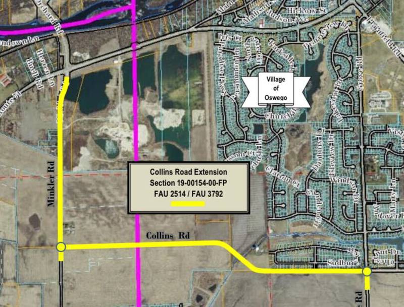 The yellow line on the above map indicates the location of the Collins Road extension project in Oswego. The new road segment will link Grove Road to the east with Minkler Road to the west. MInkler Road will also be rebuilt and widened from Collins Road north to Route 71 as part of the project. (Map provided by the Kendall County HIghway Department)