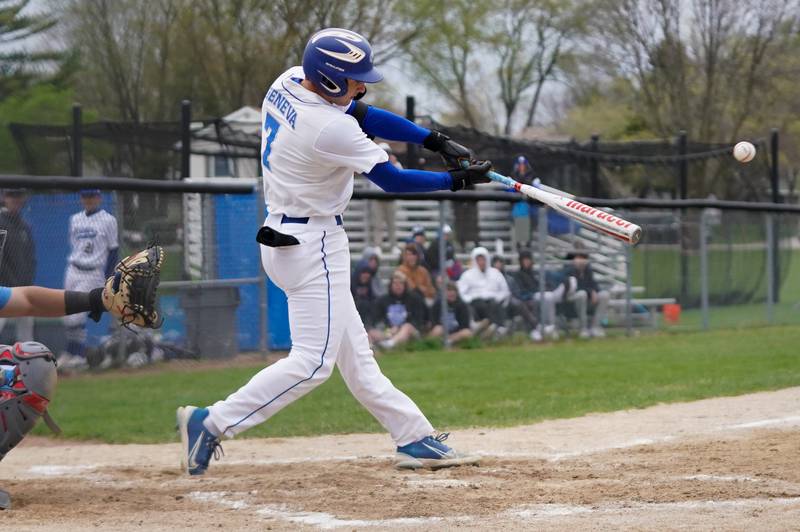 Geneva’s Roland Sorrentino (7) singles against Lake Park during a baseball game at Geneva High School on Wednesday, April 17, 2024.