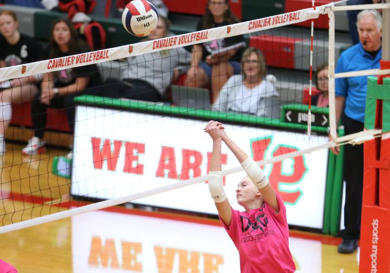 L-P's Maggie Boudreau returns a spike from Ottawa during Volley for a Cure night on Tuesday, Oct. 1, 2024 at AJ Sellett Gymnasium.