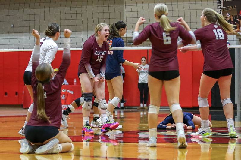 Lockport celebrates a late decisive point during Class 4A Bolingbrook Sectional final match between Lockport at Oswego.  Nov 7, 2024  in Bolingbrook.