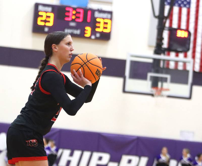 Huntley’s Evie Freundt prepares to drain a three-point basket in varsity girls basketball on Wednesday, Feb. 11, 2026, at Hampshire High School in Hampshire.