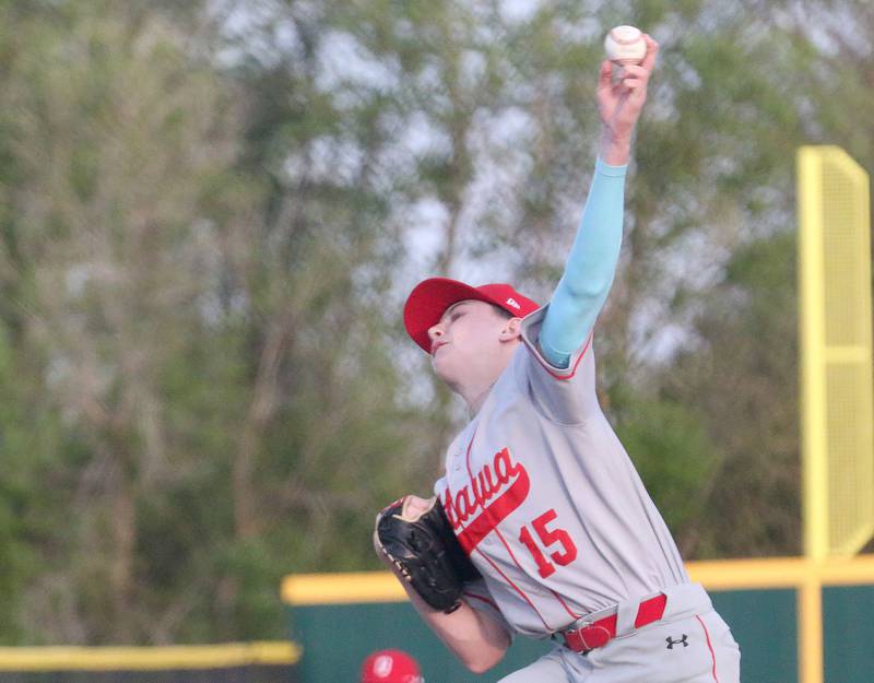 Ottawa's Alex Billings fires a pitch to L-P at Huby Sarver Field inside the L-P Athletic Complex on Tuesday, April 23, 2024 in La Salle.