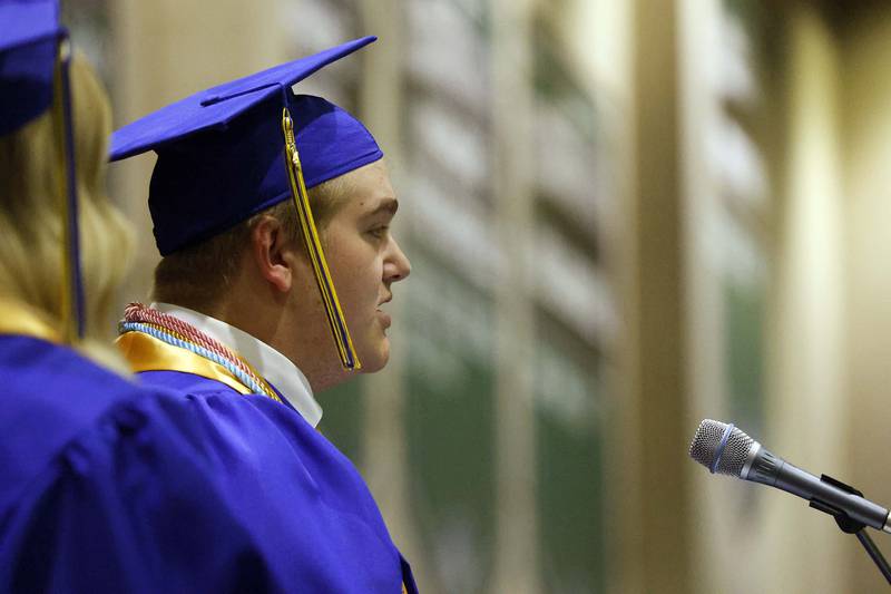 Wheaton North High School graduate Timothy Jerome Beck sings the Star Spangled Banner during the graduation ceremony Saturday, May 25, 2024 in the Physical Education Center of College of DuPage in Glen Ellyn.
