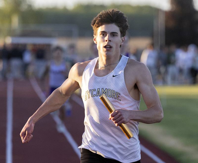 Sycamore’s Crewe Bartelt crosses the finish in the 4x4 Wednesday, May 20, 2026, at the Rochelle Class 2A boys track sectionals. The team qualified for the state tournament.