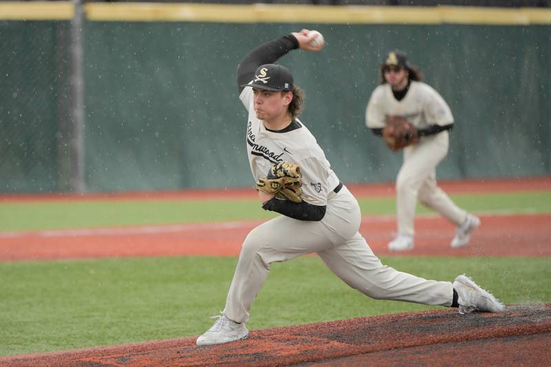 Streamwood's Austin Paskewic (22) pitches against Marengo during a game on Monday, March 25, 2024 in Carol Stream.