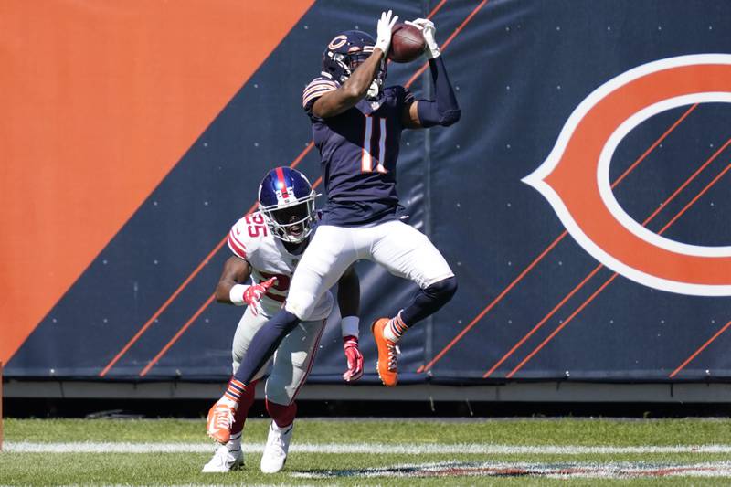 Chicago Bears wide receiver Darnell Mooney catches a 15-yard touchdown pass as New York Giants cornerback Corey Ballentine defends during the first half Sunday, Sept. 20, 2020 in Chicago.
