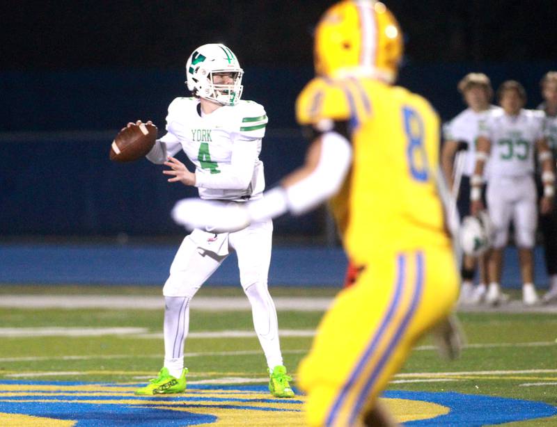 York quarterback Sean Winton looks to pass the ball during the Class 8A second round football playoff game against Lyons Township in Western Springs on Saturday, Nov. 4, 2023.