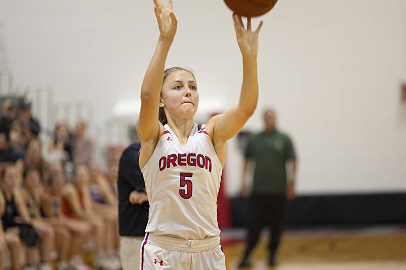 Oregon’s Hadley Lutz puts up a shot in the three point contest Thursday, June 15, 2023 during the Sauk Valley Media All-Star Basketball Classic at Sauk Valley College.