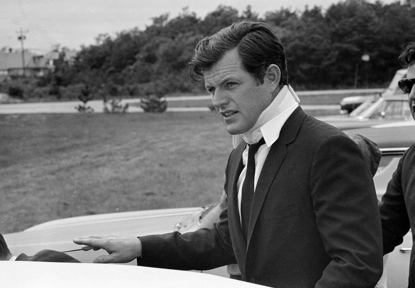 This July 22, 1969, file photo shows U.S. Sen. Edward Kennedy, D-Mass., arriving back at his home in Hyannis Port, Mass., after attending the funeral of Mary Jo Kopechne in Pennsylvania. Kopechne drowned when a car driven by Kennedy went off a bridge on Chappaquiddick, a small island in Edgartown, Mass., on the eastern end of Martha's Vineyard in July 1969.