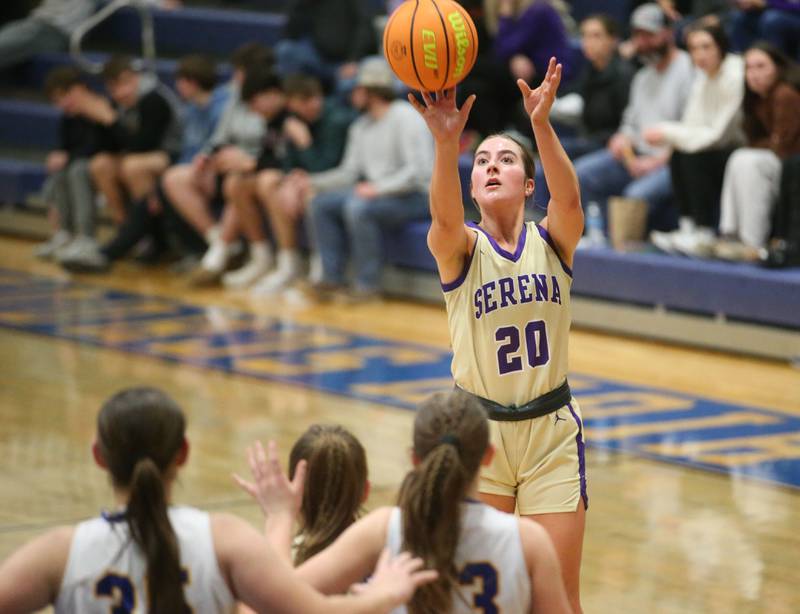 Serena's RayElle Brennan takes a wide-open jump shot over Somonauk/Leland on Monday, Feb. 10, 2025 at Somonauk High School.