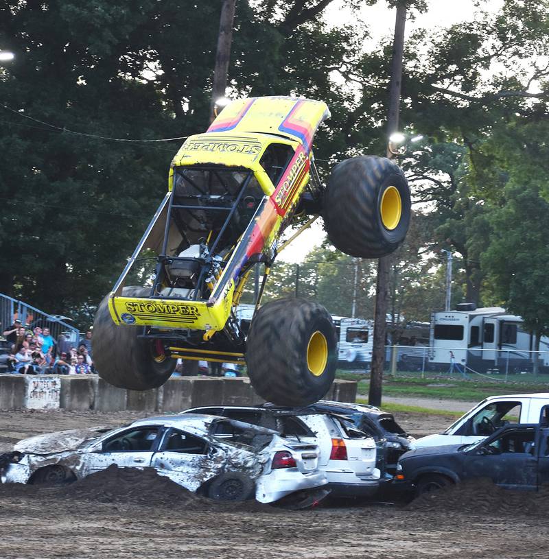 The Monster truck smashes cars at the Whiteside County Fair on Thursday, Aug. 15, 2024.