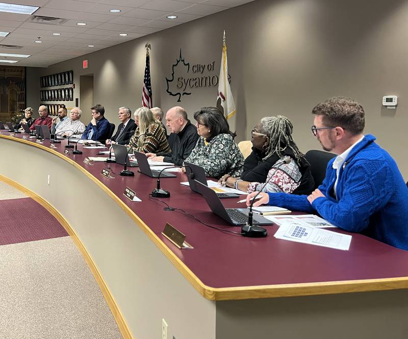 The Sycamore City Council, City Clerk Mary Kalk, City Manager Michael Hall and City Attorney Keith Foster listened to a presentation during a  Nov. 17, 2025, City Council meeting.