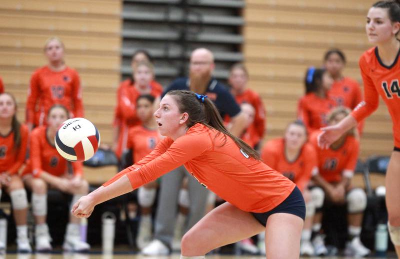 Oswego’s Kelsey Foster (2) returns the ball during a game Wednesday, Sept. 18, 2024 at St. Charles North.