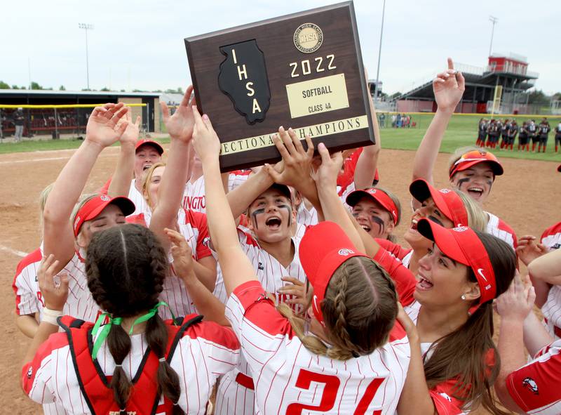 Barrington celebrates a win over Huntley during the Class 4A Huntley Sectional championship, Saturday, June 4, 2022.