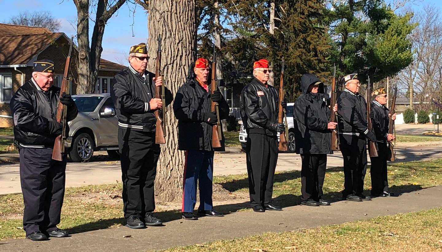Veterans of the U.S Marines hold a gun salute to honor those who have lost their lives in service to the country on Friday, Nov. 11, 2022 at Memorial Park in Oglesby.