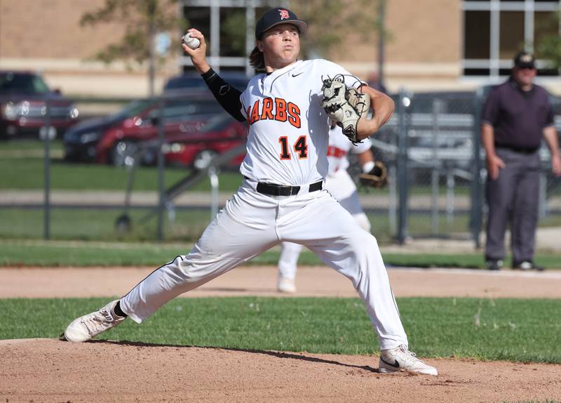 DeKalb’s Brodie Farrell delivers a pitch during their game against Neuqua Valley Tuesday, May 7, 2024, at DeKalb High School.