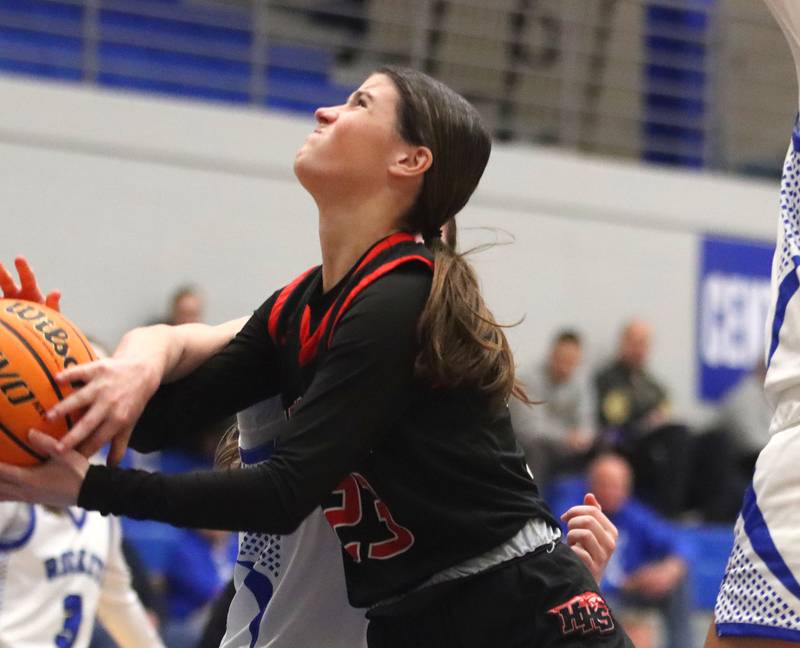Huntley’s Aubrina Adamik is fouled under the hoop in varsity girls basketball on Monday, Feb. 9, 2026, at Central High School in Burlington.