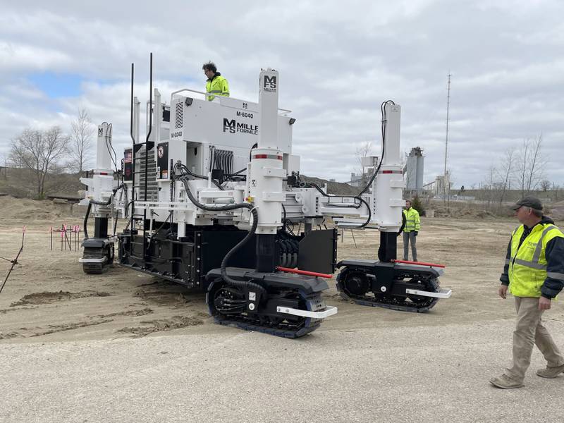 The M-6040 variable width slipform paver (center) is a new product offering made available by Miller Formless, a construction manufacturing company based in McHenry.