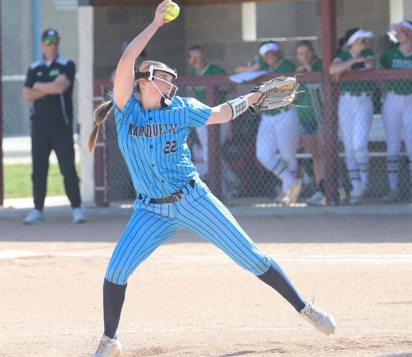 Marquette pitcher Kinley Rick lets go of a throw on Monday, May 11, 2026 at June Gross Field in Ottawa.