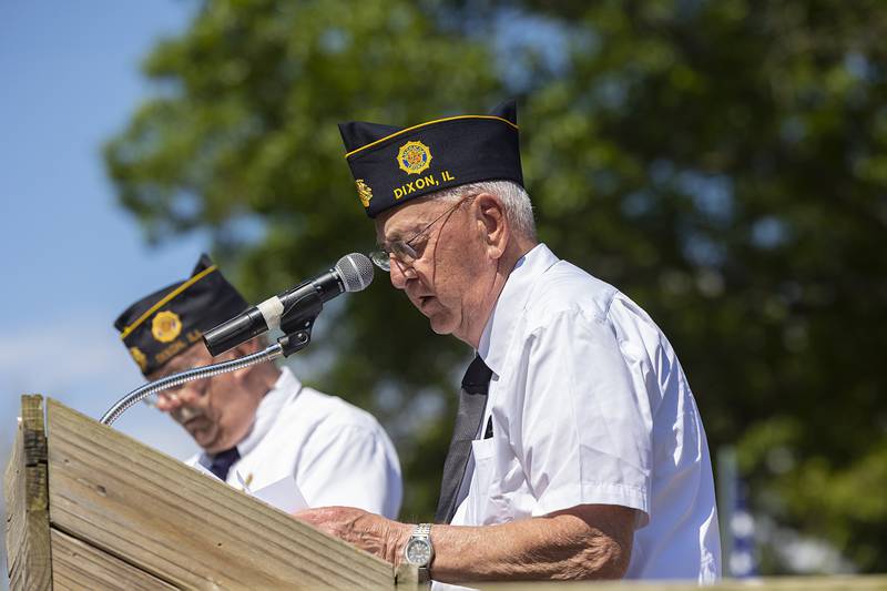 American Legion Chaplin George Schneider begins with the opening prayer Monday, May 25, 2026, at Oakwood Cemetery for Dixon’s Memorial Day observation.