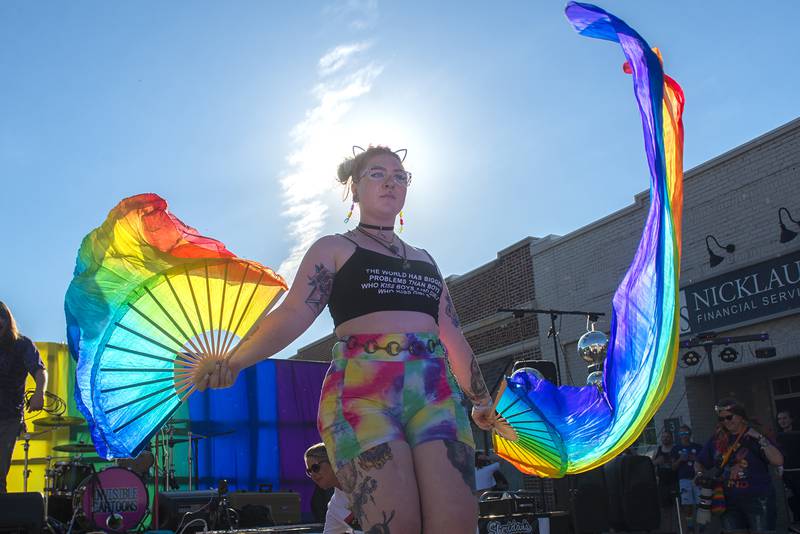 Sydney Brown of Polo performs an impromptu dance while waiting for the next act Saturday, June 18, 2022 during Dixon’s Pride Fest.