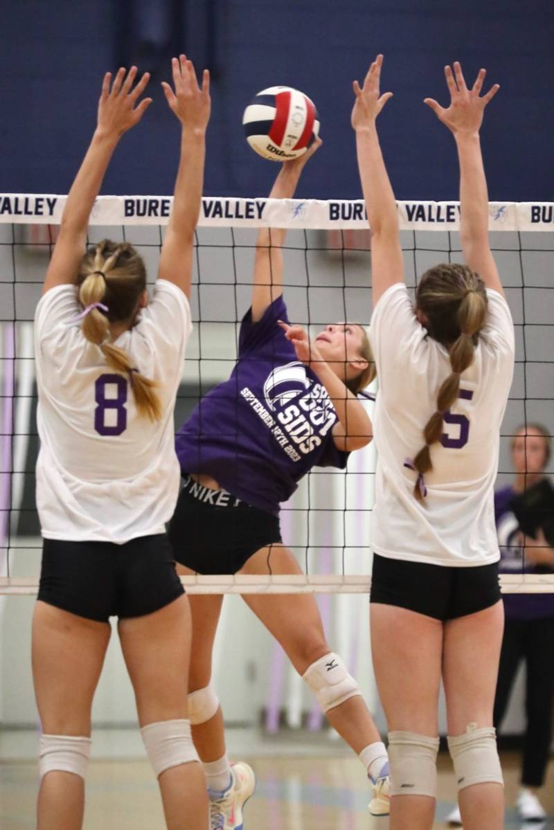 Bureau Valley's McKinley Kruger takes a swing against Princeton's Keighley Davis (8) and Karsyn Brucker (5) Tuesday night at the Storm Cellar.