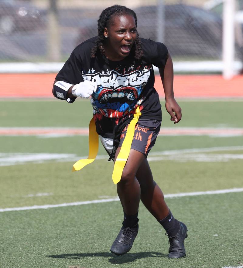 DeKalb’s Kaylee Tenard drops into coverage Wednesday, Aug. 20, 2025, during the first practice of the DeKalb High School flag football team. The squad is preparing for their inaugural season.
