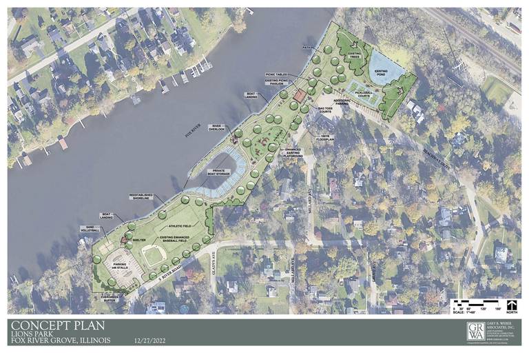 Preliminary renderings for updates to Lions and Picnic Grove Park in Fox River Grove were prepared by Gary R. Weber Associates, Inc., and shown to the board of trustees at their meeting on Tuesday, Feb. 7, 2023.