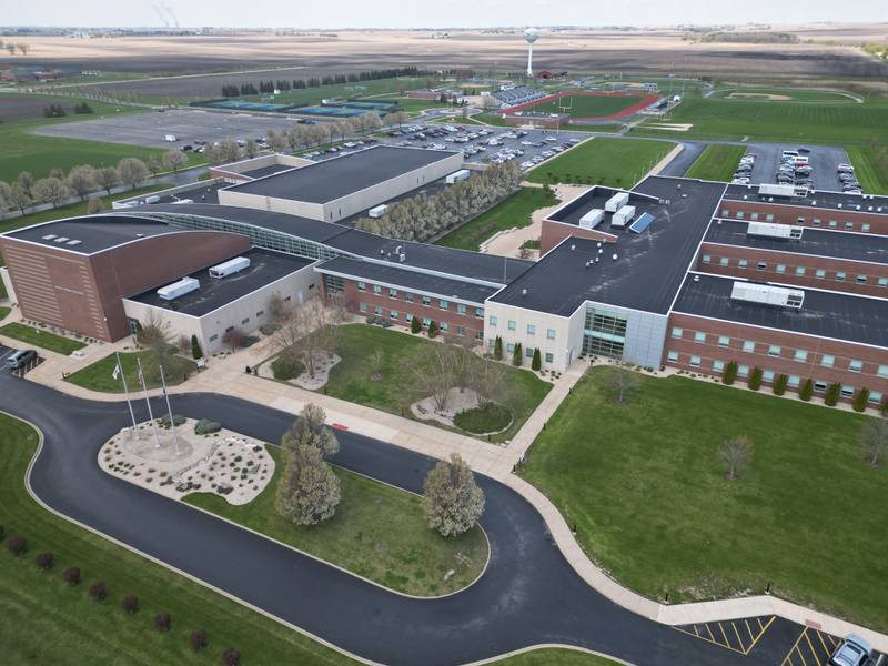 Rochelle Township High School had its $2,250 grant approved to purchase four new DJI drones for its career and technical education department. The school has had over 190 students receive their TRUST certificate and fly the drones. The program is in its fourth year. Show is a drone picture taken by students.