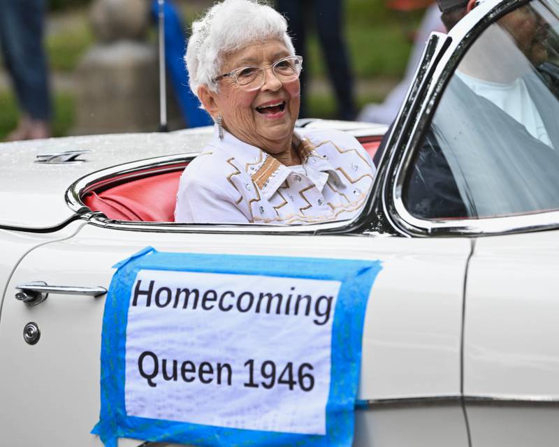 Crystal Lake Central high school's 1946 homecoming queen seen in the procession of their 100 year anniversary homecoming day parade that featured alumni from various graduating classes on Saturday, Sep. 16, 2023 in Crystal Lake. The parade began at the high school and made its way through downtown Crystal Lake.
