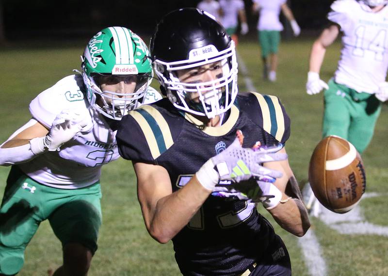 St. Bede's Evan Entrican misses a catch in the end zone while Ridgewood's Lucas Melendez defends on Friday, Sept. 15, 2023 at St. Bede Academy.