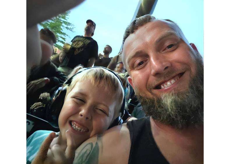 Mike Moon, 39, of Joliet, (left) beat a crystal meth addiction after the birth of his son Cruz, age 6 (right). Moon was killed on Sunday night while riding his motorcycle home.