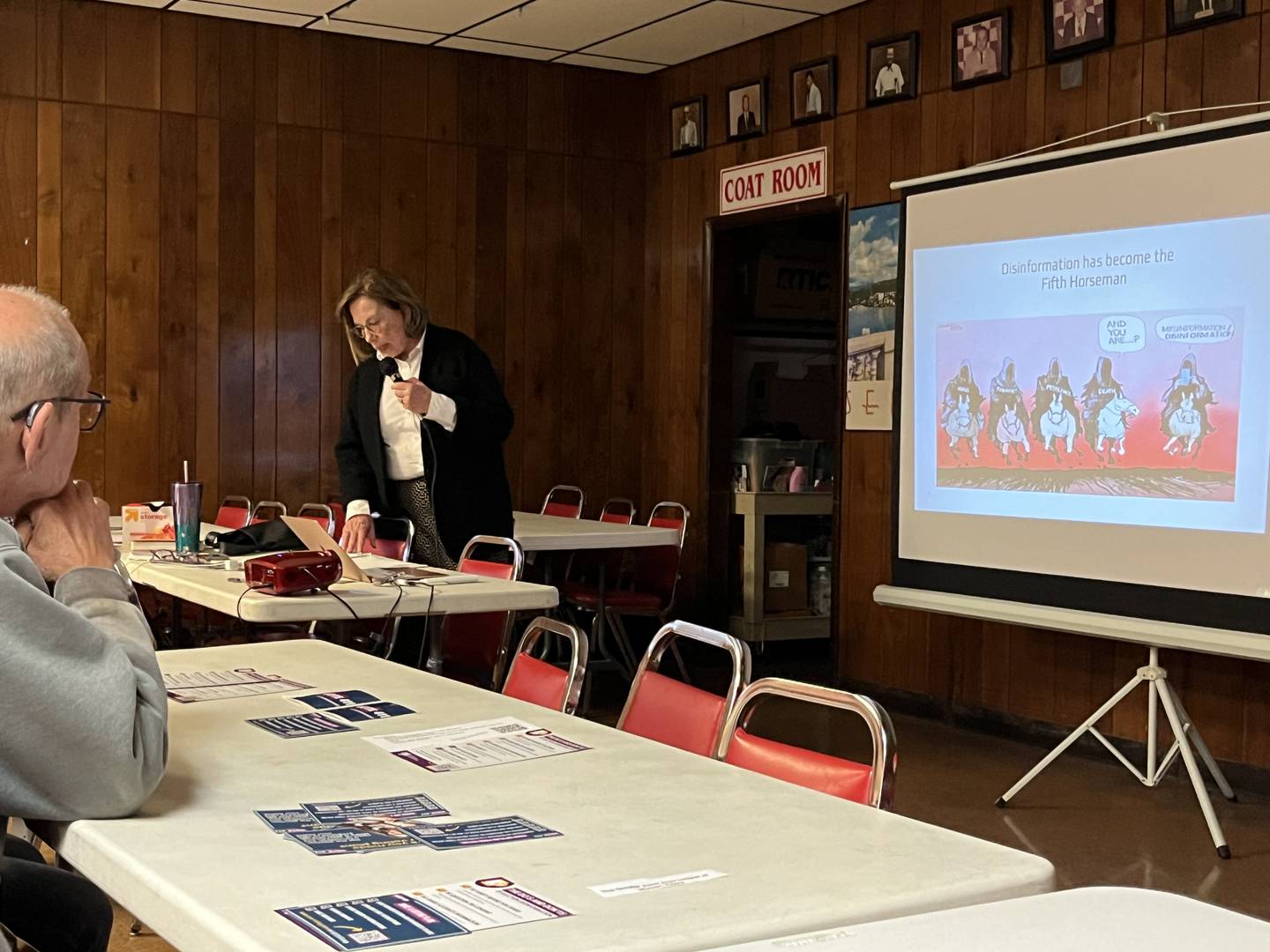 Barb Laimins, a longtime member of the League of Women Voters of Illinois and co-chair of the group's Misinformation and Disinformation Task Force, speaks at a forum at the Joliet Croatian Cultural Club Wednesday, Oct. 16, 2024.