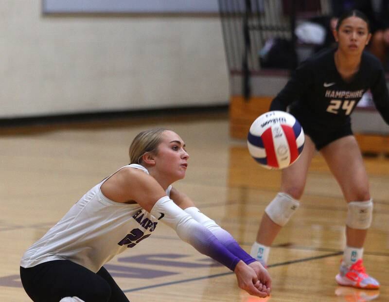 Hampshire’s Peyton Wurtz passes the ball during varsity volleyball on Thursday, Oct. 3, 2024, at Prairie Ridge High School in Crystal Lake.