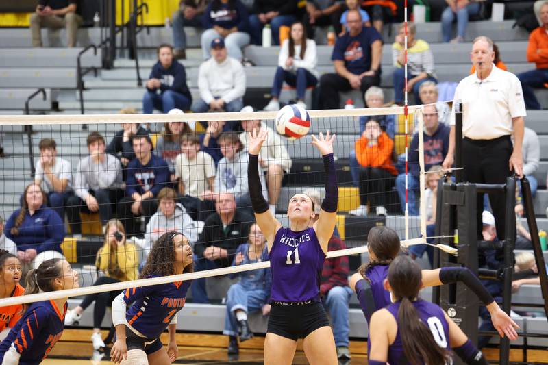 Wilmington's Molly Southall sets up a teammate during the Wildcats' loss in three sets, 25-16, 22-25, 17-25, to Pontiac in the IHSA Class 2A Herscher Regional championship on Thursday, Oct. 30, 2025.