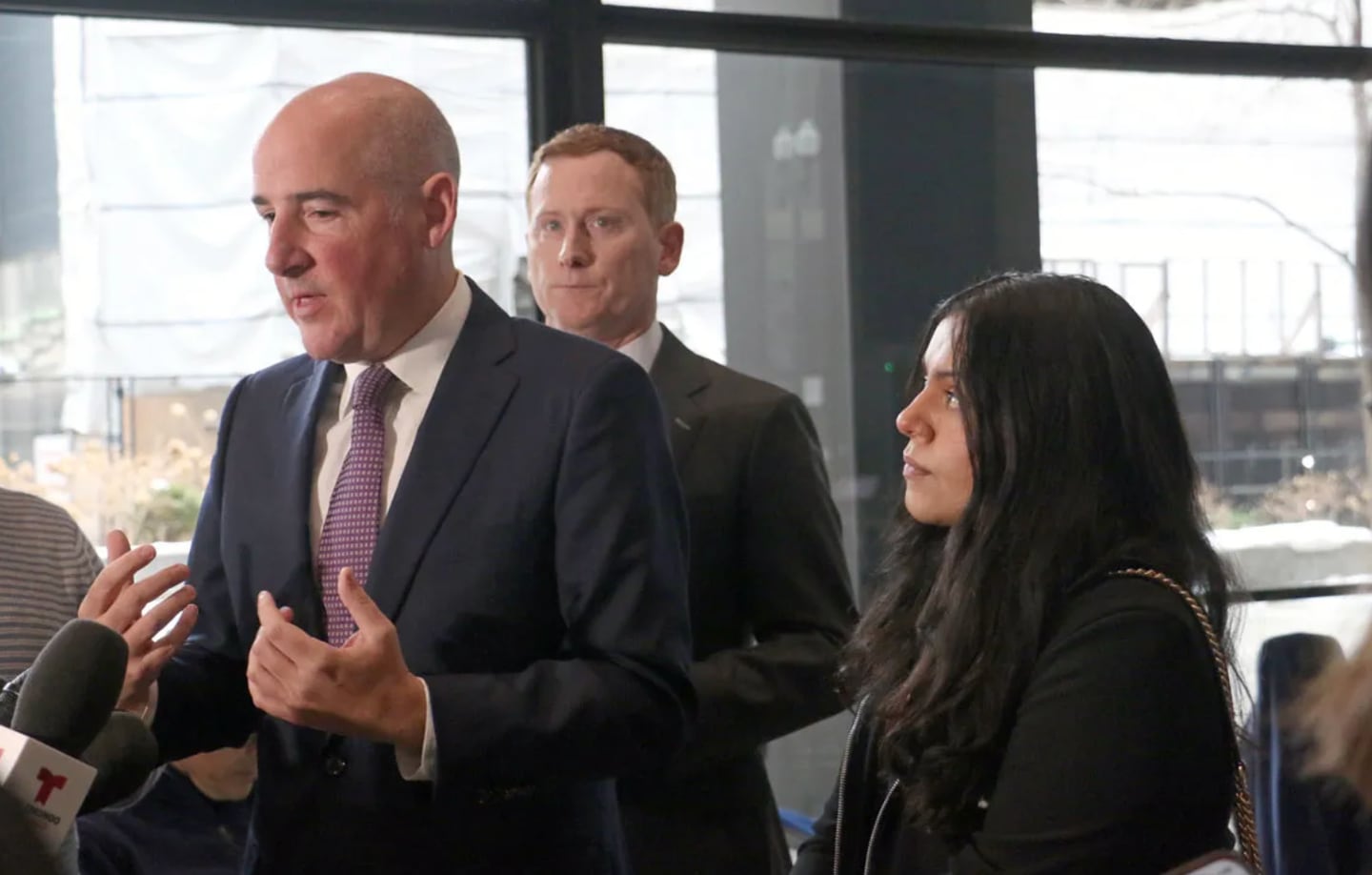 Christopher Parente, attorney for Marimar Martinez, speaks to reporters after the judge ruled largely in favor of Martinez’s motion to modify the protective order sealing evidence in a Feb. 6, 2026 hearing.
