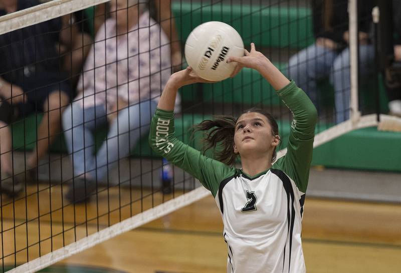 Rock Falls' Kaltrina Lecaj sets the ball over the net for a point against Rochelle Monday, Sept. 29, 2025.
