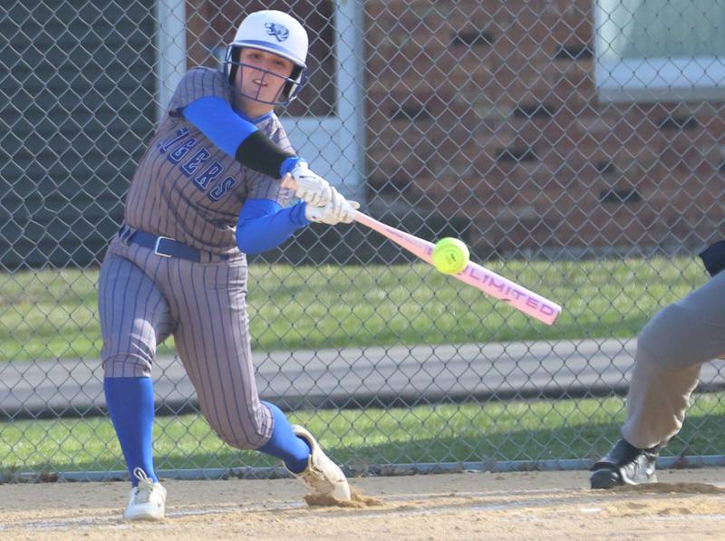 Princeton's Addi Parry makes contact with the ball against L-P on Tuesday, March 24, 2026 at Little Sibera Field in Princeton.