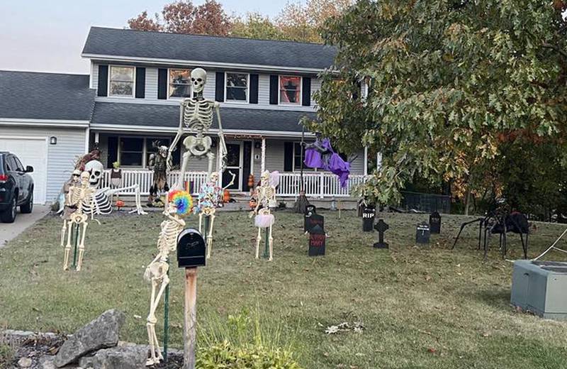This home in the 100 block of Wright Drive has many skeletons on Sunday, Oct. 20, 2024 in Utica.