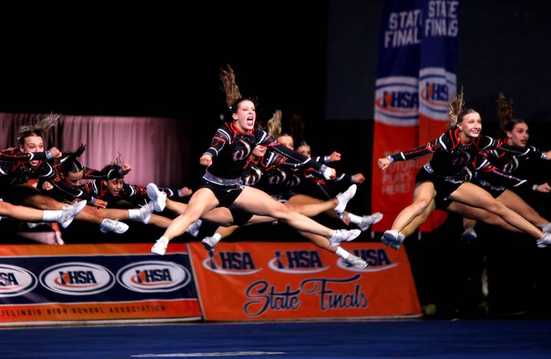 Members of the Lincoln-Way West cheerleading team compete in the large team division of the IHSA State Finals on Saturday, Feb. 8, 2025 at Grossinger Motors Arena in Bloomington.