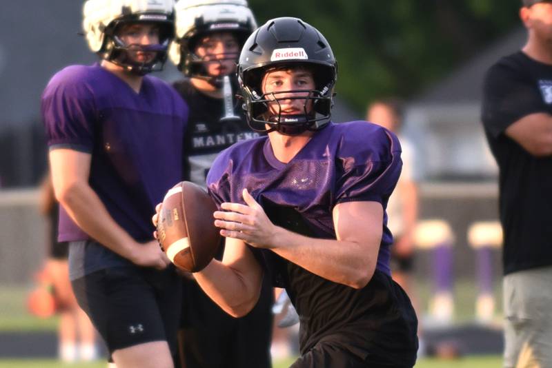 Manteno's Connor Harrod looks to pass during a scrimmage against Clifton Central at Manteno Thursday, July 24, 2025.