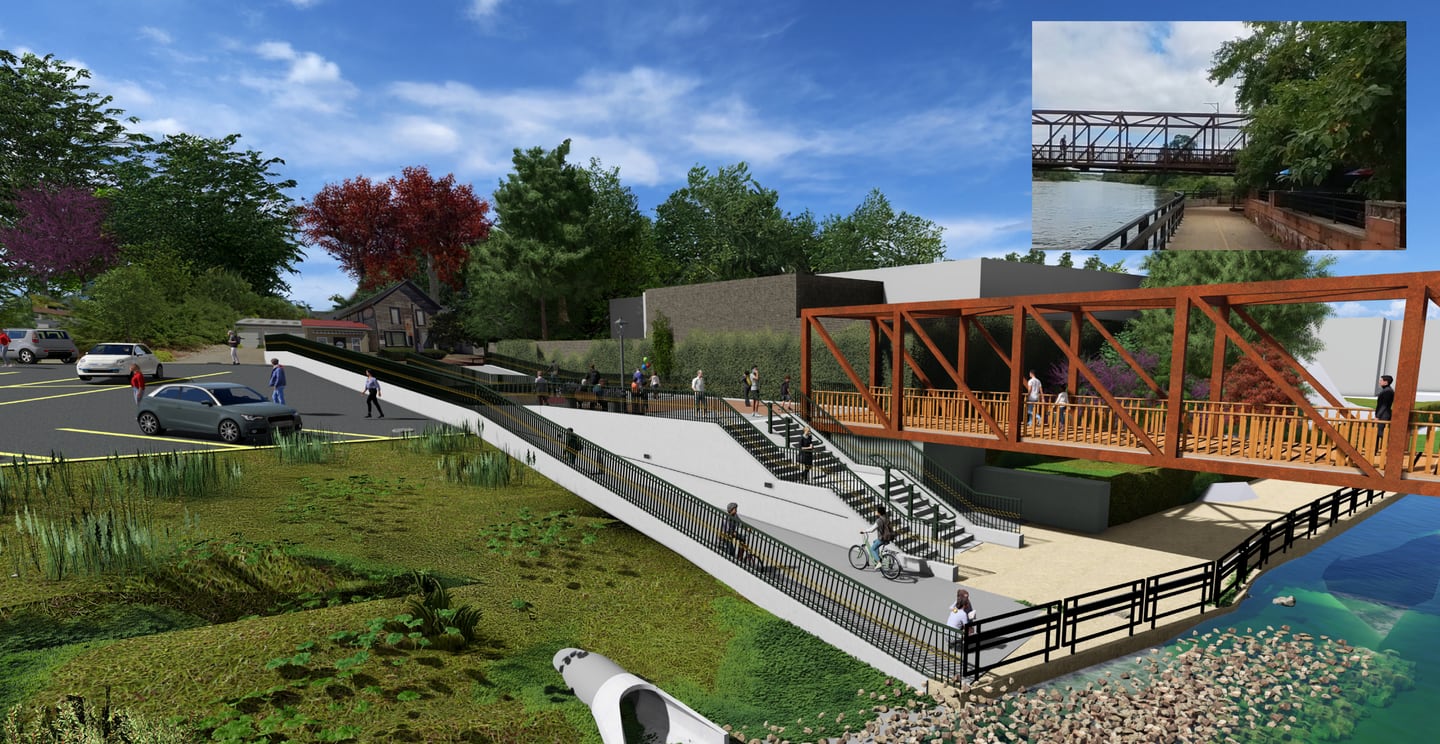Renderings of the Peace Bridge Ramp project expected to be constructed in Batavia in 2025. (image in upper right corner shows current view of the north end of the riverwalk trail along the east bank of the Fox River)