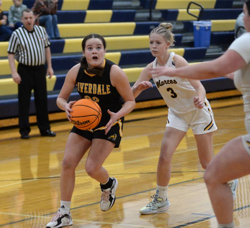 Riverdale's Jillian Murray drives to the basket against Polo on Saturday, Jan. 18, 2025 at Polo High School.